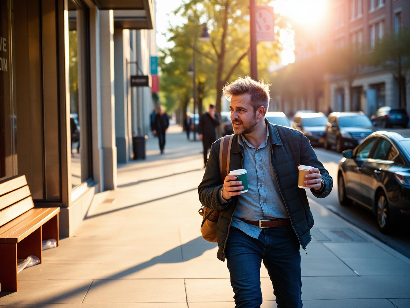 A founder walking a city street with coffee in morning light