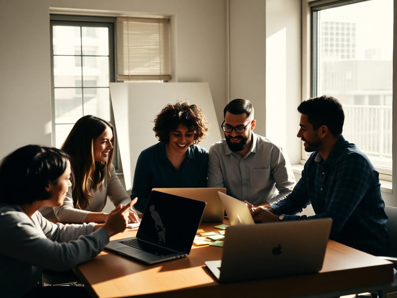 Founders collaborating around a table in a sunlit workspace